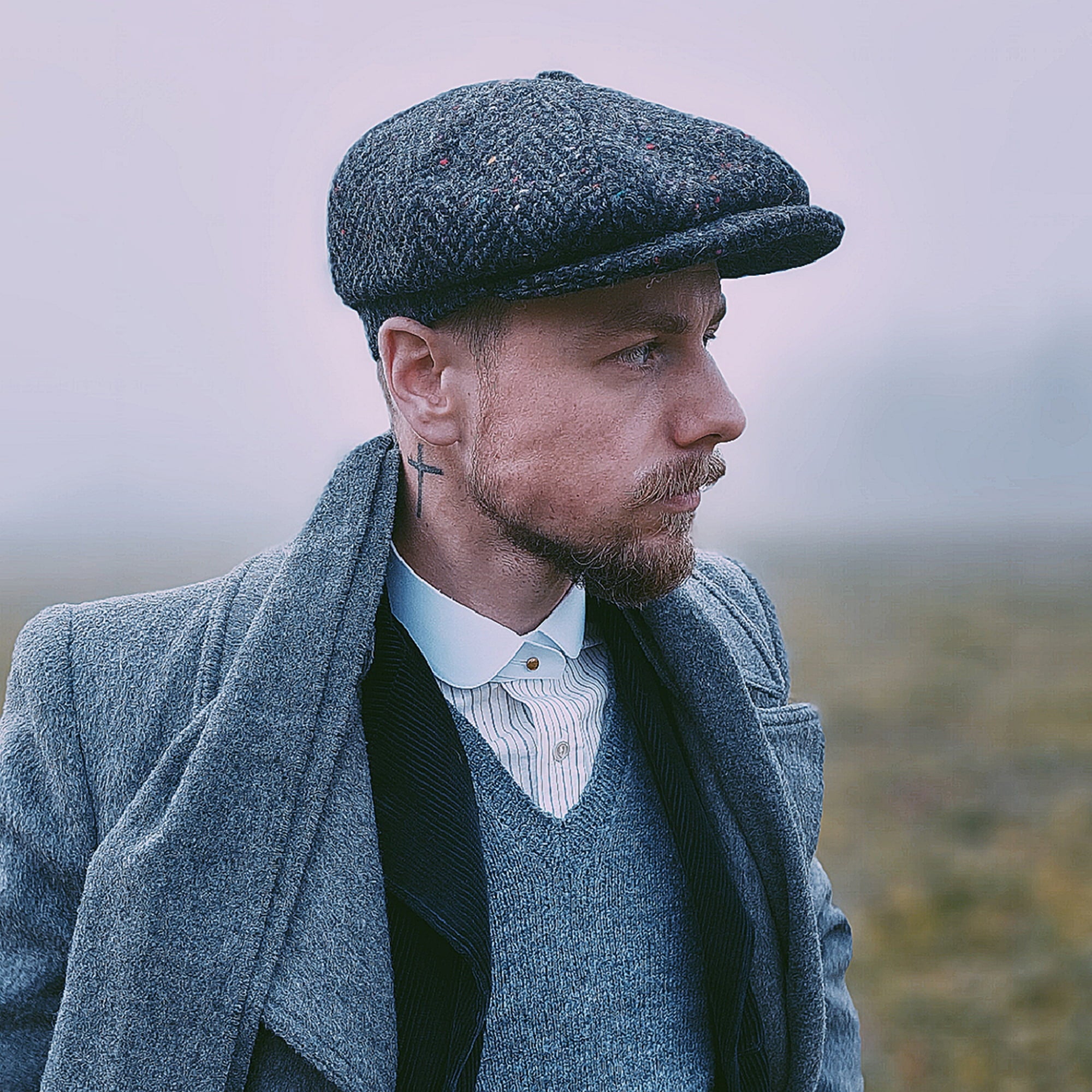 Charcoal-Multi Heavyweight Donegal Tweed Herringbone Newsboy Cap - Image 5