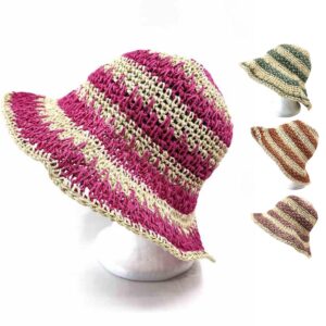 Women's Hand Crochet Clothe Straw Bucket Sun Hat in Two Tone Stripes
